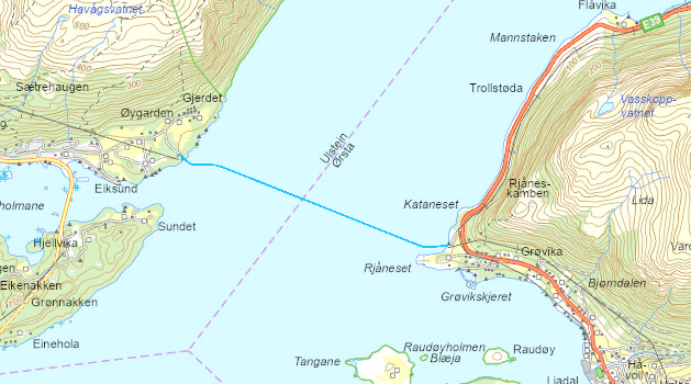 Utsnitt av kart over der sjøkabelen skal ligge mellom Rjånes og Håheim.