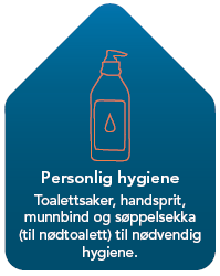 Personleg hygiene - Toalettsaker, handsprit, munnbind og søkkelsekka (til nødtoalett) til nødvendig hygiene. - Klikk for stort bilete