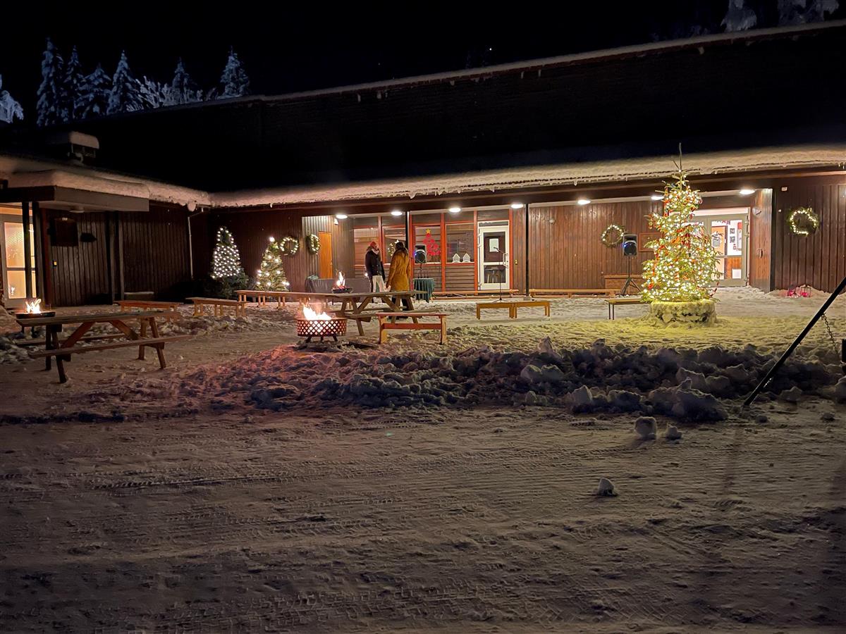 Bildet viser julepynta uteområde på Dalane skule. - Klikk for stort bilete