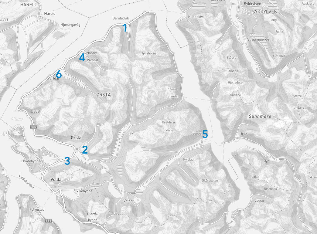 Bildet viser eit kart over plassering av tomter i Ørsta. - Klikk for stort bilete