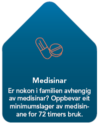 Medisinar - Er nokon i familien avhengig av medisiner? Oppbevar eit minimumslager av medisinane for 72 timers bruk. - Klikk for stort bilete