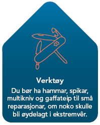 Verktøy - Du bør ha hammar, spikar, multikniv og gaffateiptil små reperasjonar, om noko skulle bli øydelagt i ekstremvêr. - Klikk for stort bilete